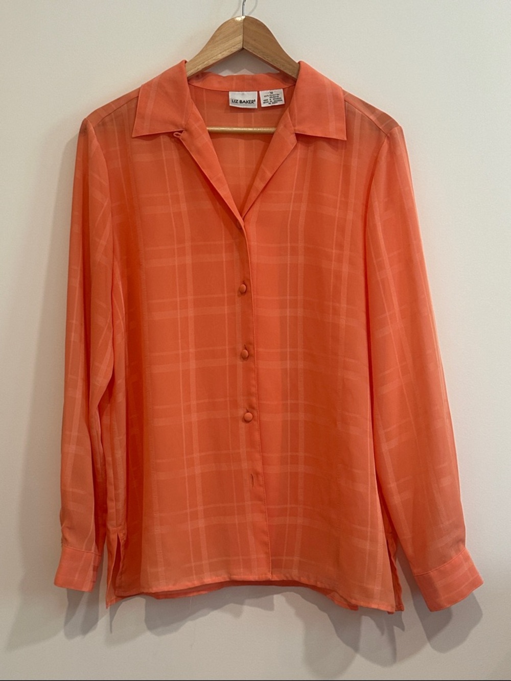 Vintage Liz Baker Coral Orange Sheer Plaid Button-Up Blouse
